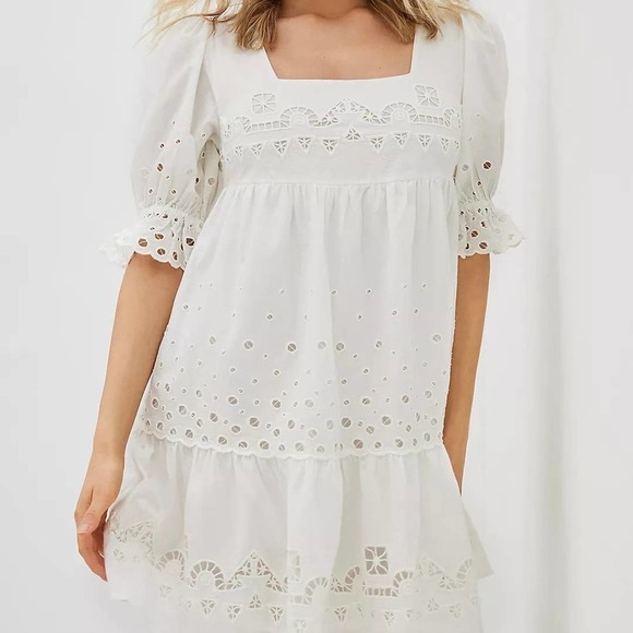 Anthro Audrina Forever That Girl White Eyelet Swing Dress Size Petite Large PL - Picture 4 of 16